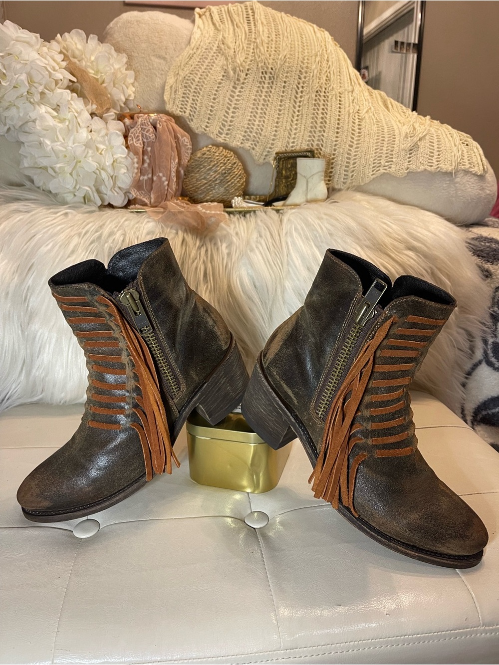 Corral Distressed Leather Side Fringe Ankle Bootie in Distressed Burnished Brown